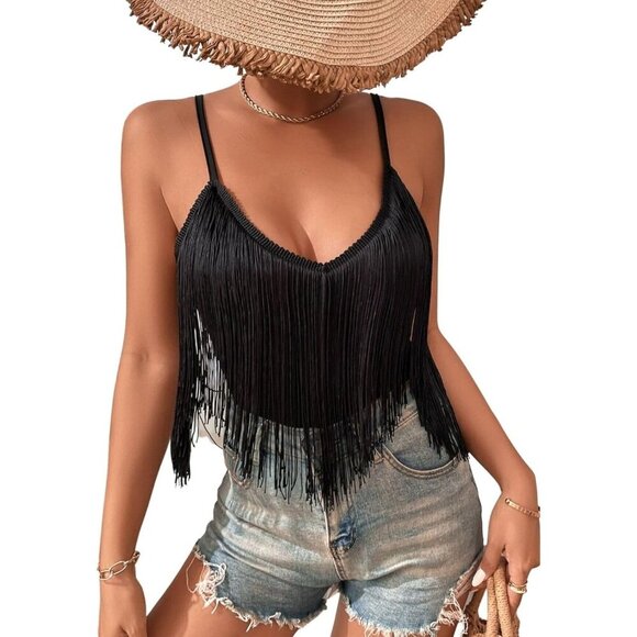Tops - Women's Black Fringe Tank Top Western Festival Clothing Cowgirl V Neck Outfits